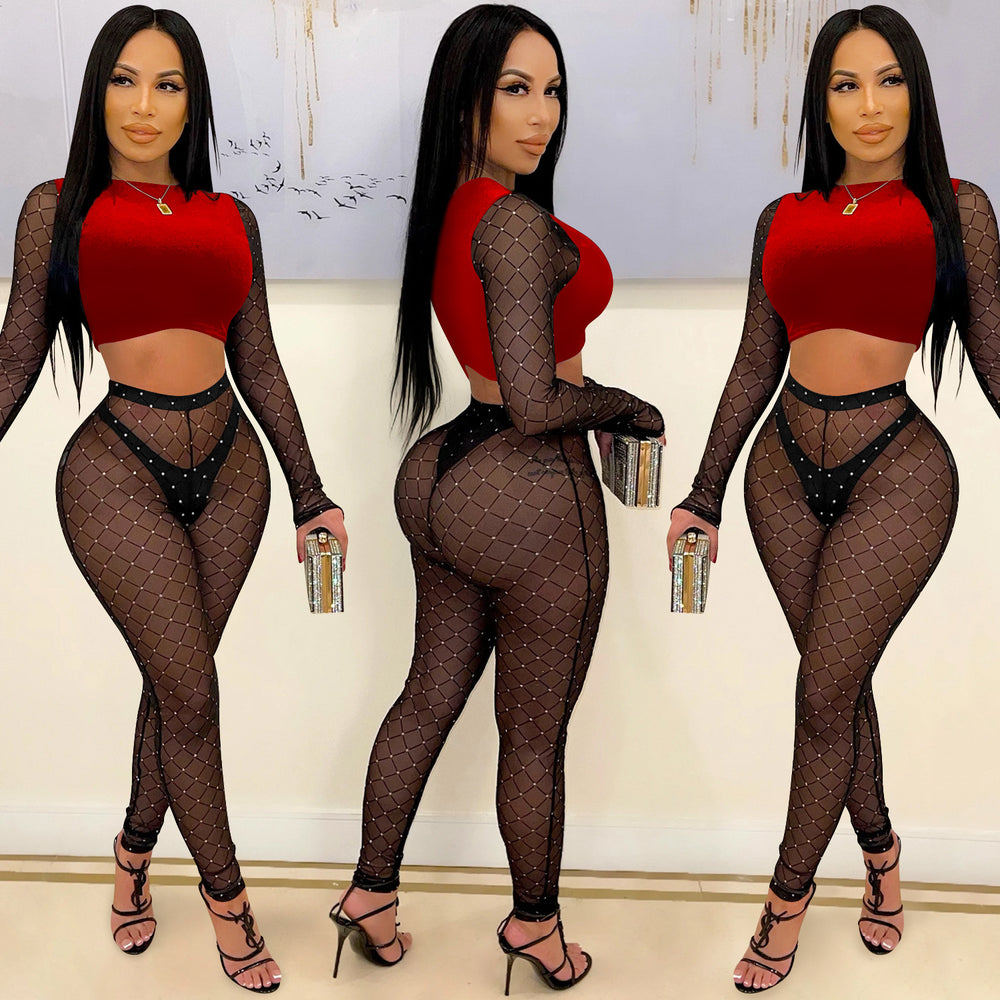 X5561 european and american fashion new women's sexy color block long sleeve cropped top and mesh rhinestone pants two-piece set