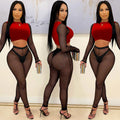 X5561 european and american fashion new women's sexy color block long sleeve cropped top and mesh rhinestone pants two-piece set