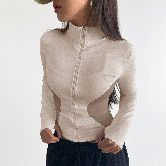 Pre-sale  European and American style Spice Girl stand-up collar zipper waist long-sleeved yoga jacket women's casual and thin sports top