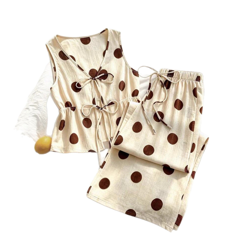 cross-border fashion summer casual vacation women's cute beige two-piece sleeveless polka dot tie-up top and pants set