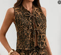 European and american cross-border summer women's clothing new  independent station washed leopard print bow suit vest shorts