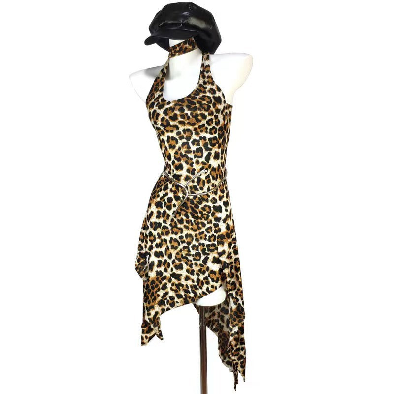 European and american cross-border sexy women's clothing:  summer new halter neck backless leopard print asymmetrical dress