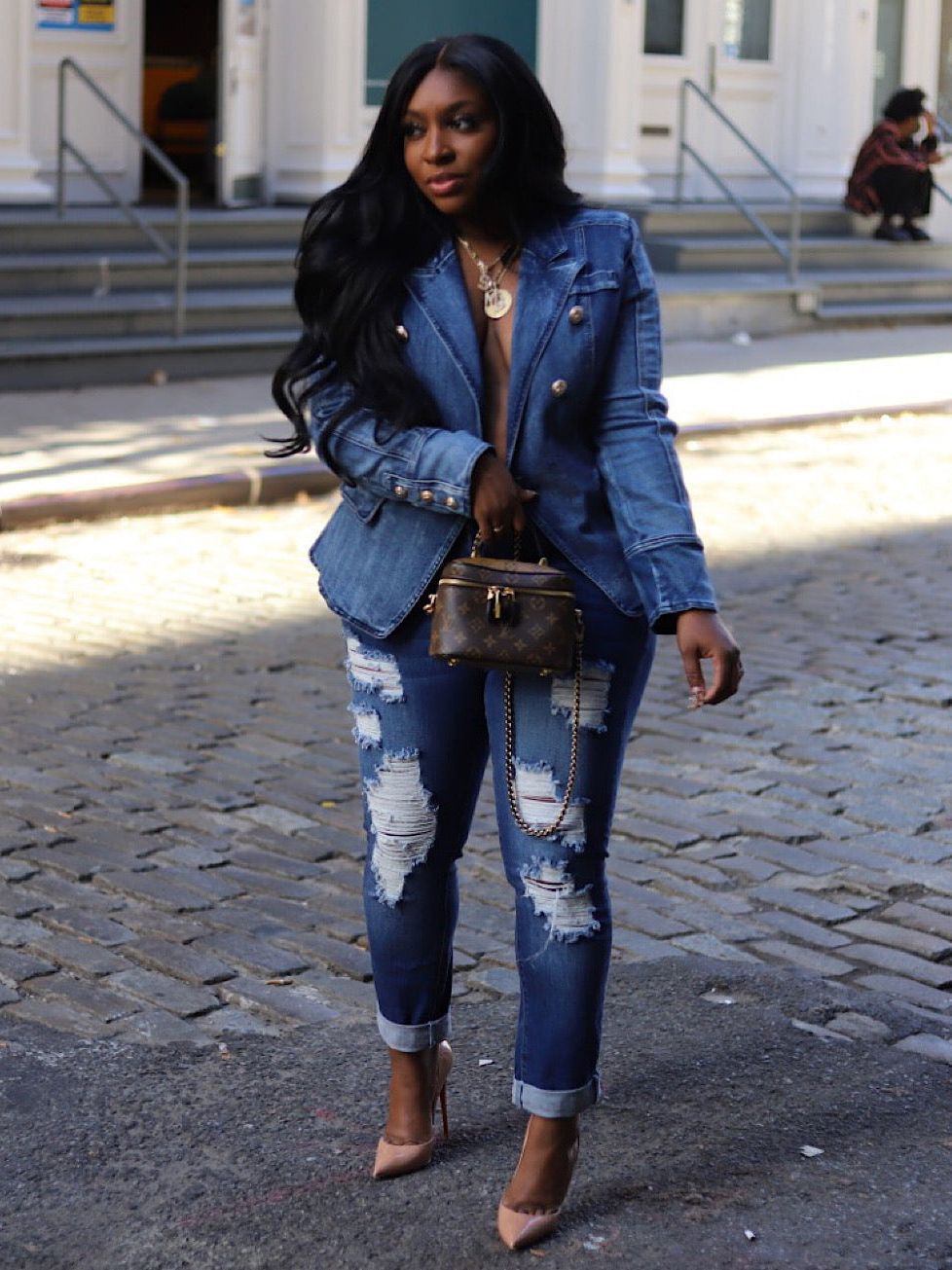 european and american celebrity style slim fit double-breasted denim blazer with lion buckle detail