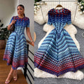 Korean style geometric print a-line dress - women's summer short sleeve, minimalist, versatile, elegant, commute-friendly, plus size dress