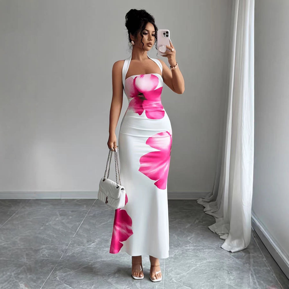 Ready-to-ship european and american  cross-border women's summer new arrival: elegant and sexy halter neck bodycon printed dress