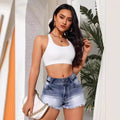 trendy distressed frayed hem women's jeans - hot selling new high-waisted versatile denim shorts