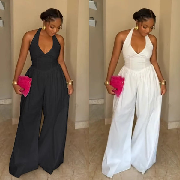 S11075 Elegant neck V-neck backless slim fit solid color wide-leg jumpsuit