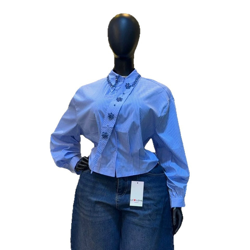 European and american cross-border women's fashion:  summer new arrival - stylish turn-down collar, rhinestone-embellished, striped long-sleeve shirt top for women