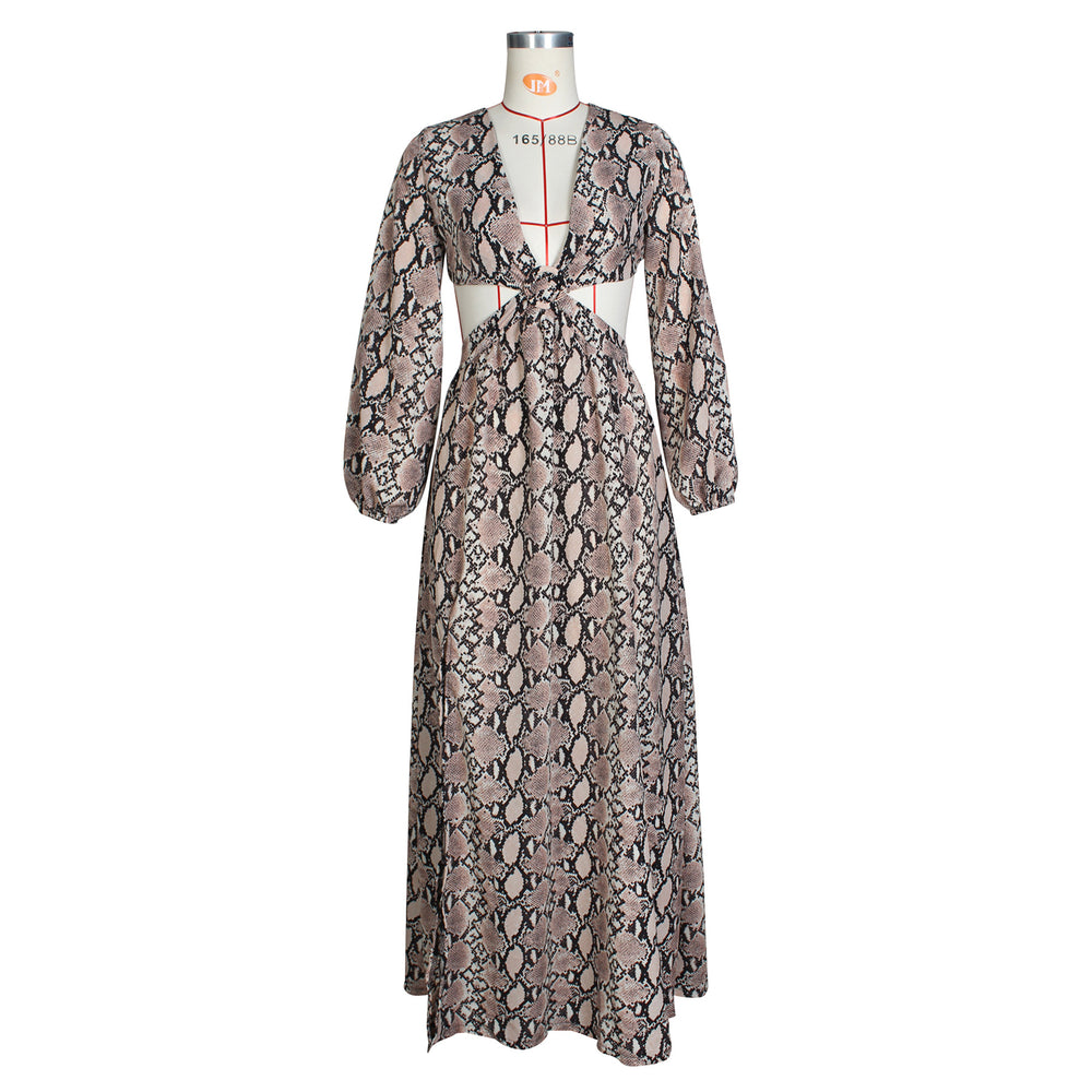 autumn new arrivals: european and american style fashionable sexy hollow-out flowy beach dress with python print slit maxi skirt