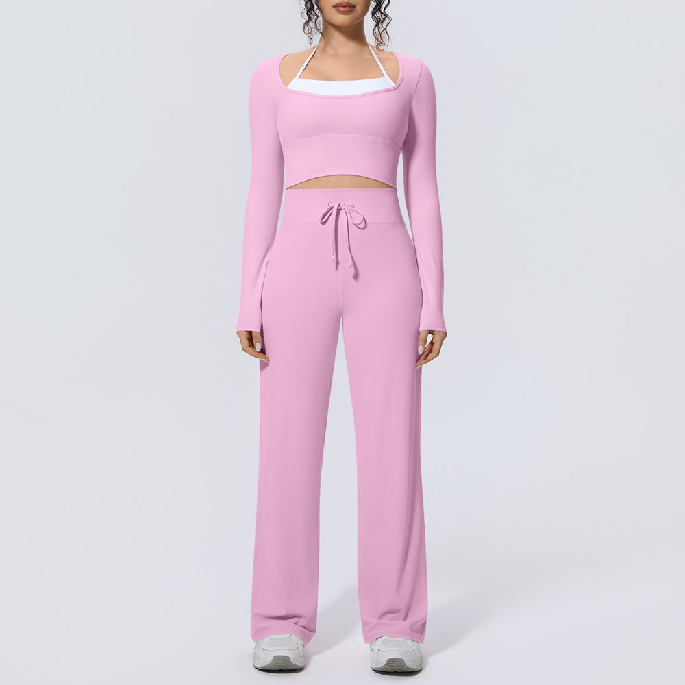 Naked feel quick-drying tight-fitting yoga clothes fake two-piece with chest pad sports long sleeves drawstring wide-leg running fitness suit for women