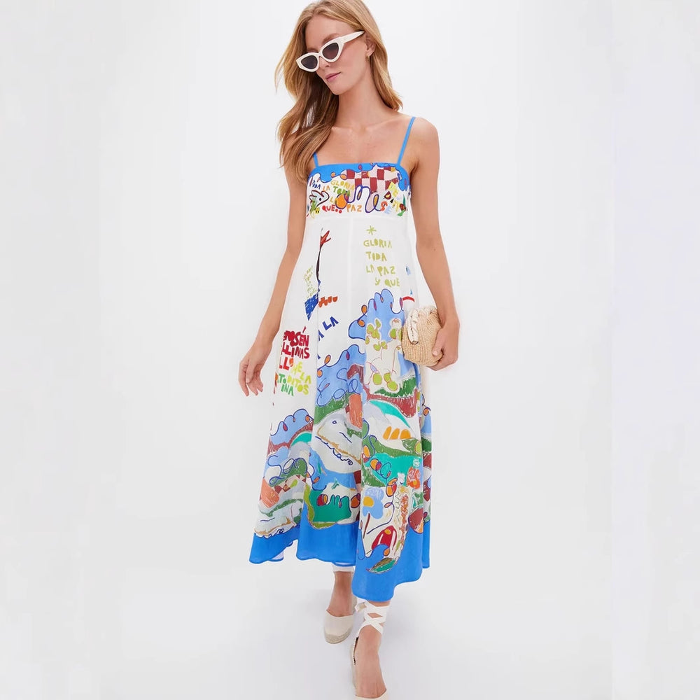 cross-border  women's new elegant high-waisted cotton linen printed camisole casual fashion dress
