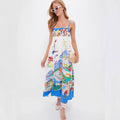 cross-border  women's new elegant high-waisted cotton linen printed camisole casual fashion dress