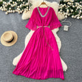 French-style embellished v-neck lace patchwork midi dress with ruched detail and tie-waist – women's loose-fit maxi dress