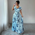 european and american new light blue floral maxi dress - v-neck, ruffle flutter sleeves, cinched waist, tie-waist, long floral print dress