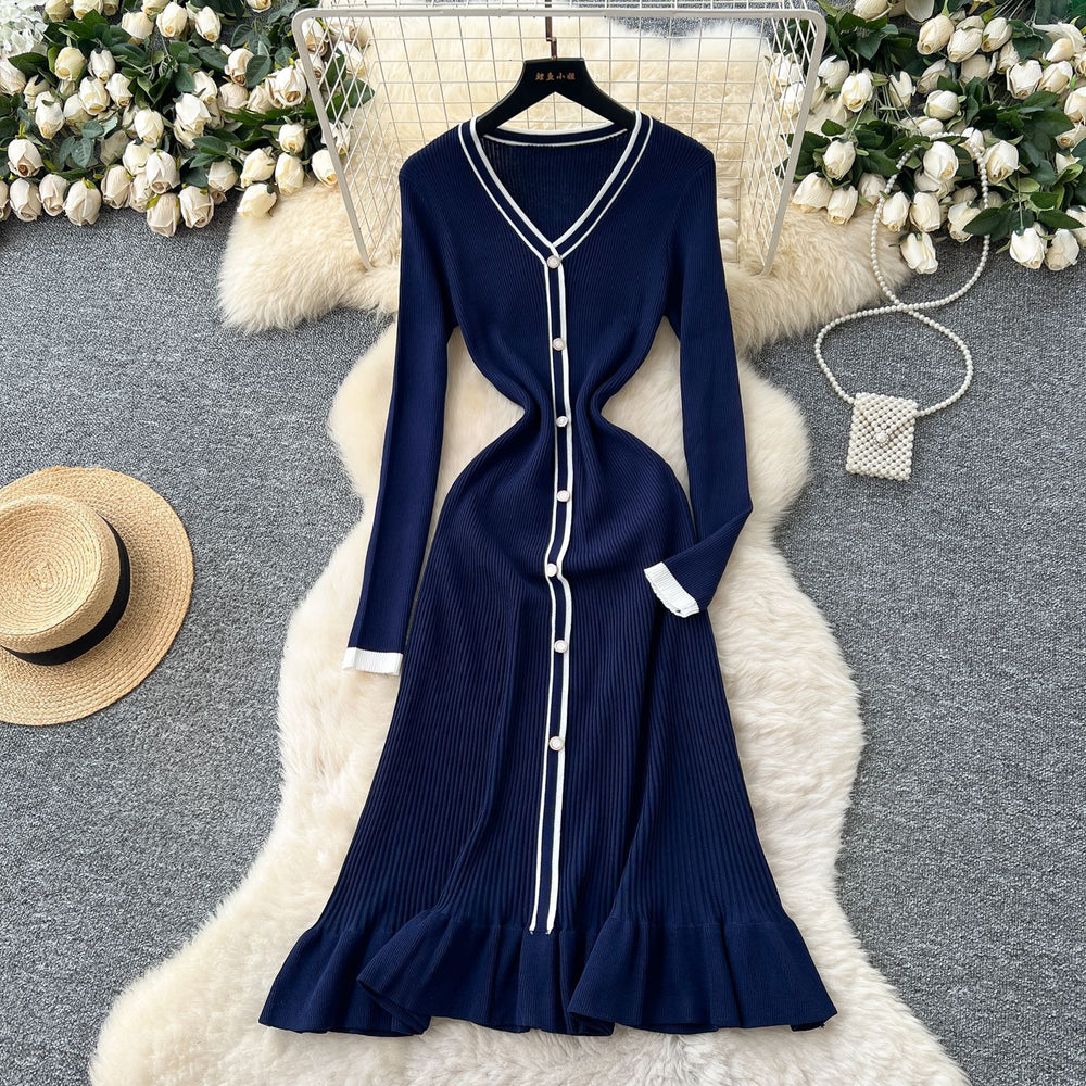 Classysense niche style celebrity contrast colorv necklong sleeves single breasted waist knittingdress women's inner fishtail long skirt
