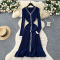 Classysense niche style celebrity contrast colorv necklong sleeves single breasted waist knittingdress women's inner fishtail long skirt