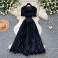 Lightly mature elegance style green pleated mesh dress women's short-sleeved high waist waist pleated long skirt work clothing socialite style