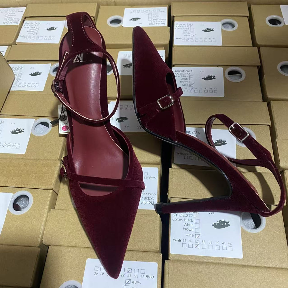 Za2025springnew arrival women's shoes burgundy suede pointed toe flats high heel mules shoes one-word buckle thin strap women's shoes