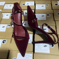 Za2025springnew arrival women's shoes burgundy suede pointed toe flats high heel mules shoes one-word buckle thin strap women's shoes