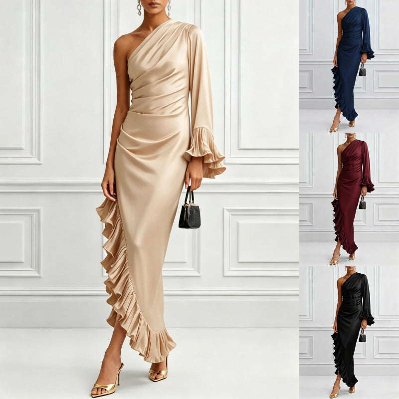 European and american cross-border new arrival: solid color satin off-the-shoulder sexy ruched asymmetrical dress