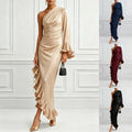 European and american cross-border new arrival: solid color satin off-the-shoulder sexy ruched asymmetrical dress