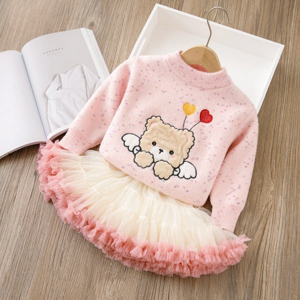 Girlsweatercutebear bottomall-in-one velvetthickened princess skirttwo-piece set tutu skirtfall and winternew arrivalsuit