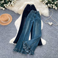 Retrohigh waistflaredjeans women's lace decoration slimming look silm microflaredpants autumn sense of design american style