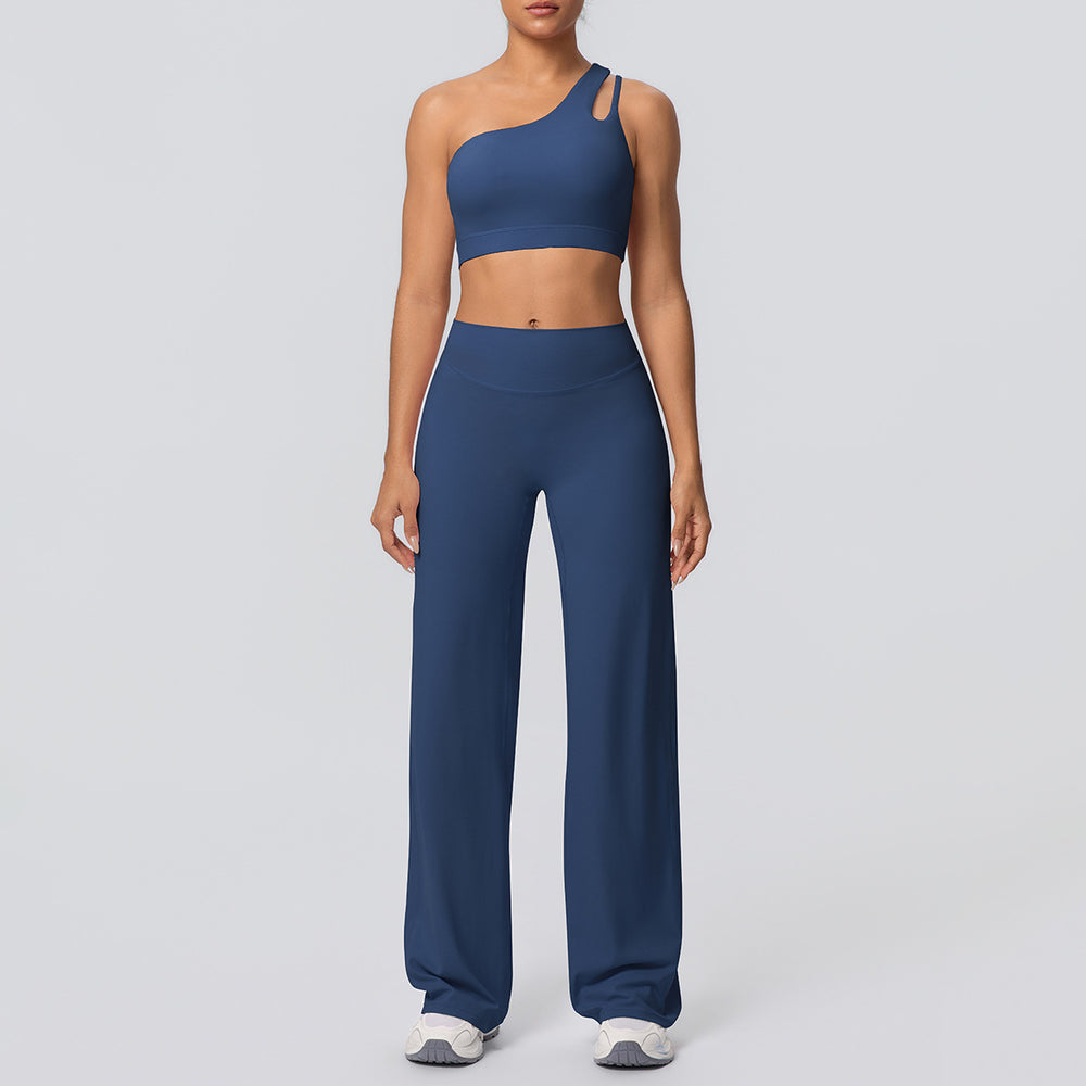 Cloud-feel casual one-shoulder racerback high-waisted butt-lifting straight-leg wide-leg activewear yoga set for women - perfect for outdoor running and fitness