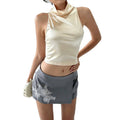 European and american women's clothing  summer new slim-fit cropped turtleneck satin crop top embroidered bodycon skirt set