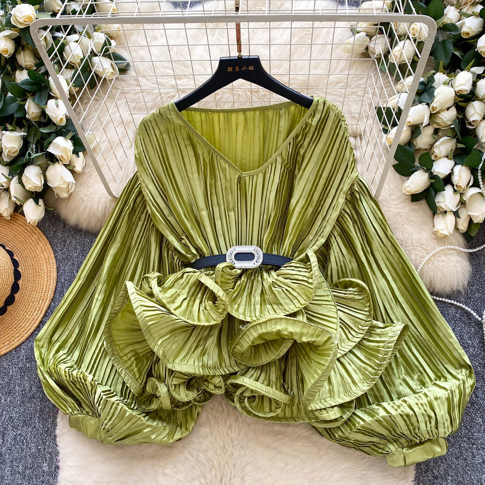 Accessible luxury socialitesatin pleated long sleevesshirt women's ruffles lantern sleeveselegantlooseniche stylesense of designtops