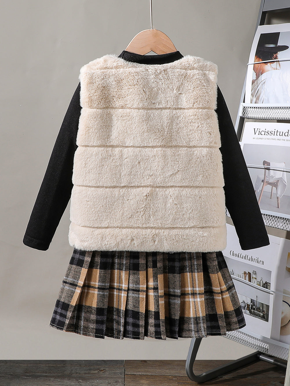 new summer cross-border fashion girls' fuzzy vest + knitted top + a-line skirt three-piece set