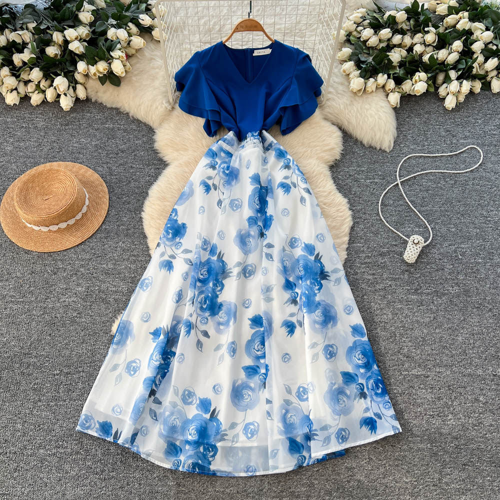 French chic v-neck ruffle sleeve patchwork print dress - women's summer color block korean style fitted high-end maxi dress