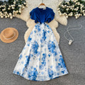 French chic v-neck ruffle sleeve patchwork print dress - women's summer color block korean style fitted high-end maxi dress