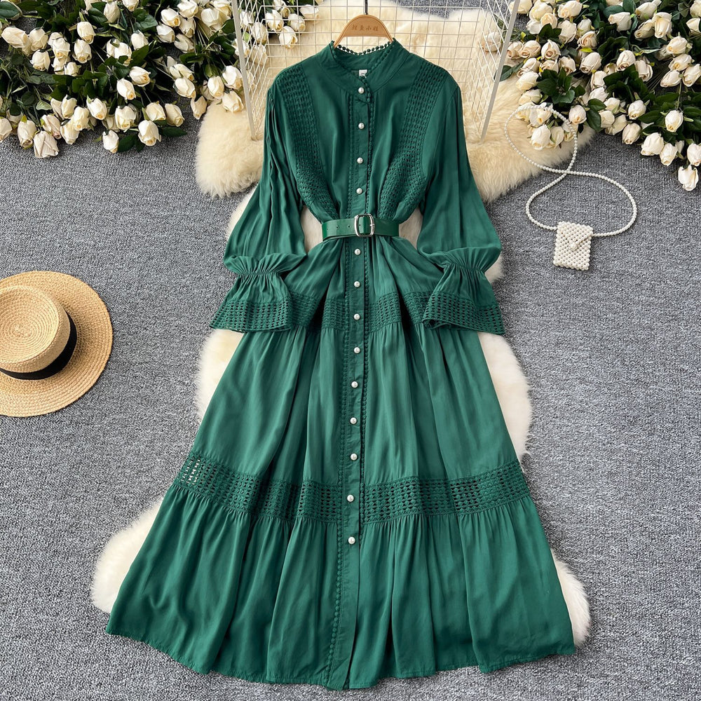 French court retroelegancedress women's stand collar bell sleeves waist single breasted lacepatchwork large swing long skirt