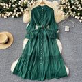French court retroelegancedress women's stand collar bell sleeves waist single breasted lacepatchwork large swing long skirt