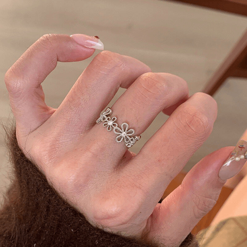 Lace garland sweet silver wide band flower rhinestone ring - unique design, affordable luxury, index finger ring, new 2026 collection