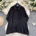 European fashionable tops for women design sense heavy industry inlaid diamond polo collar bat sleeve single breasted loosecasualshirt women