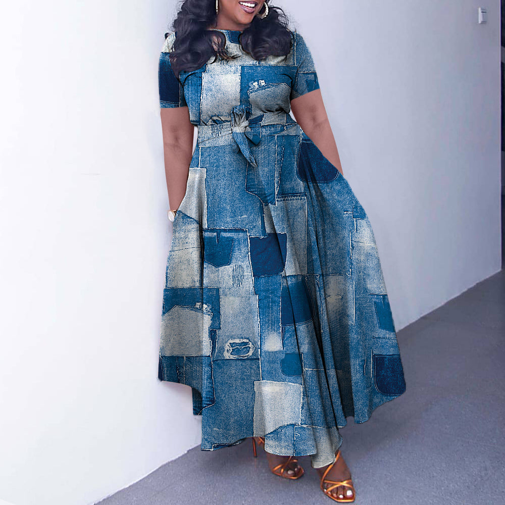 summer new fashion cross-border  elegant women's tie-up printed plus size european and american style dress