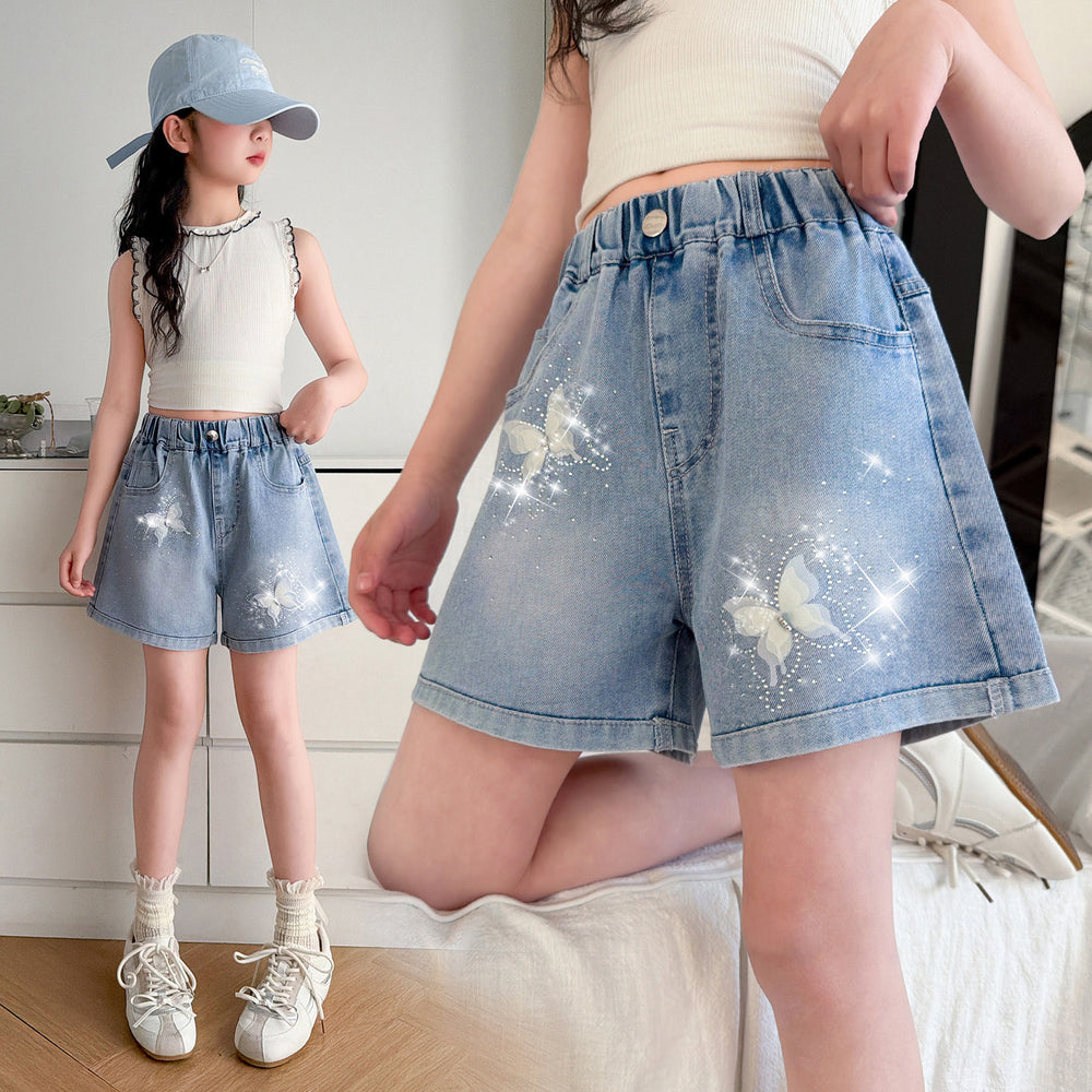 Girl denim shortssummer thin outwear youth summer wear k-stylefashionable foreign style hot diamond summer kids pants