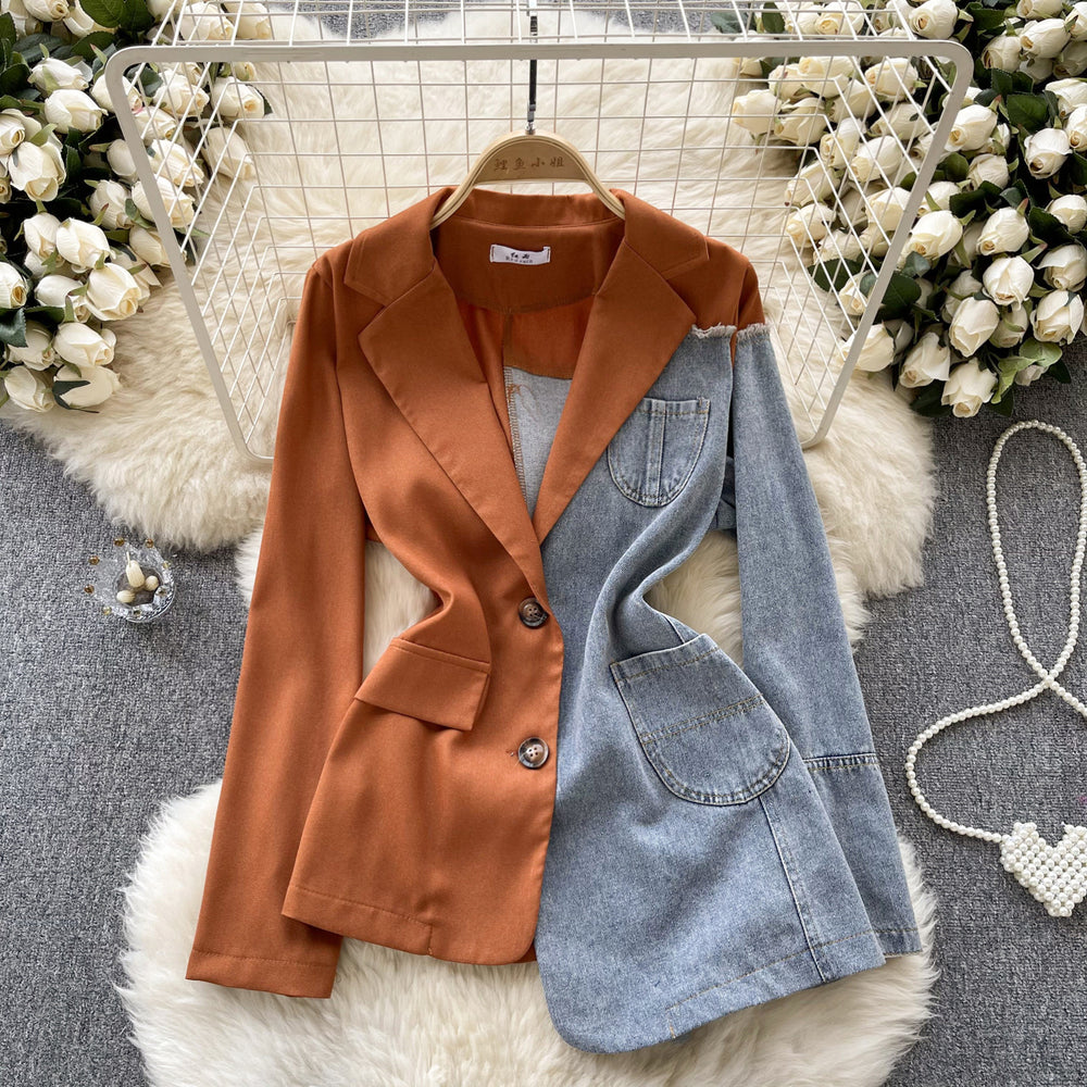 Luxury european and american style blazer for women - irregular patchwork denim design, statement piece, powerful and chic top, trendy