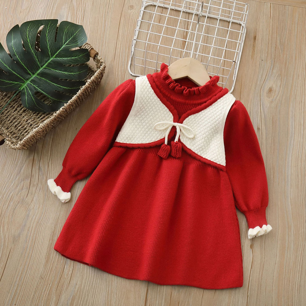 Girls' knit dress - new autumn/winter collection: stylish princess dress for baby girls, faux two-piece cardigan knit dress