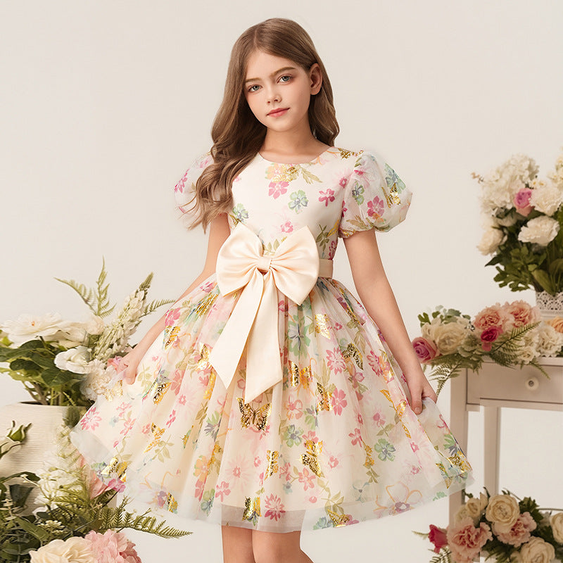 Wholesale girls' printed floral princess dress - holiday style, bubble sleeves, summer dress for little girls