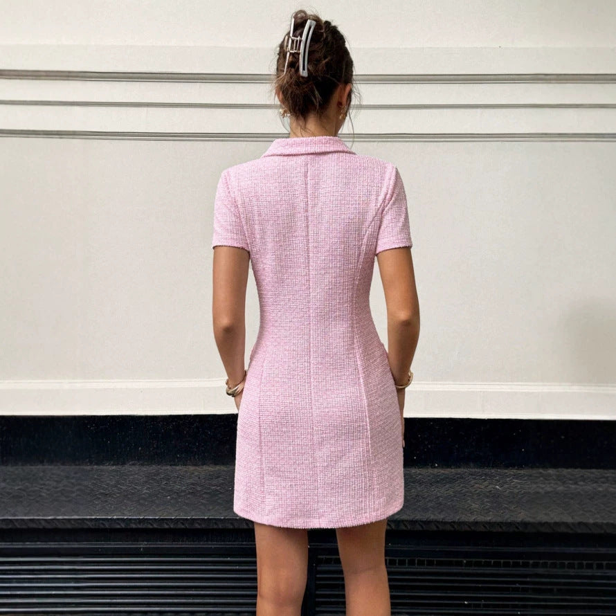new arrivalfrench tweed style round neck short sleeve knitting pink dress