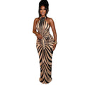 European and american style foreign trade fashion women's casual travel black pattern bodycon skirt high neck sleeveless halter neck evening party long dress