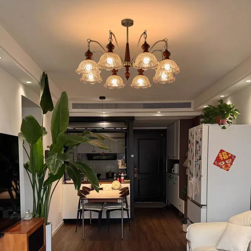 Walnut bedroom dining room light medieval living room Nanyang style French retro ice cracked glass multi-head chandelier