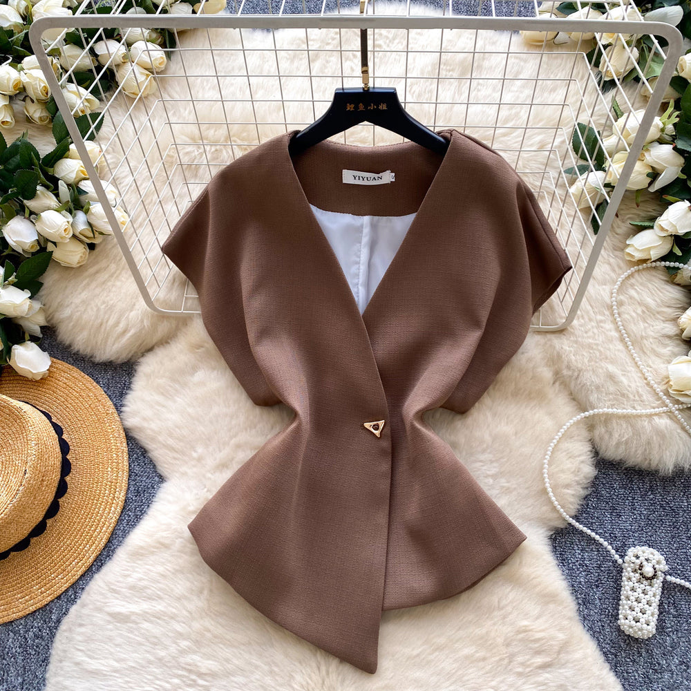 Korean style v-neck short sleeve shirt for women -  spring collection - unique, asymmetrical design - commuter chic cardigan top