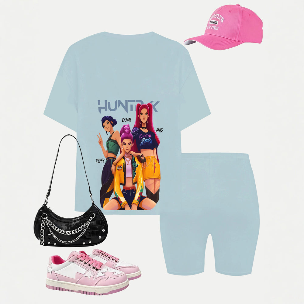 Girls' t-shirt and shorts set featuring a cartoon short-sleeve design and printed graphics, perfect for casual streetwear