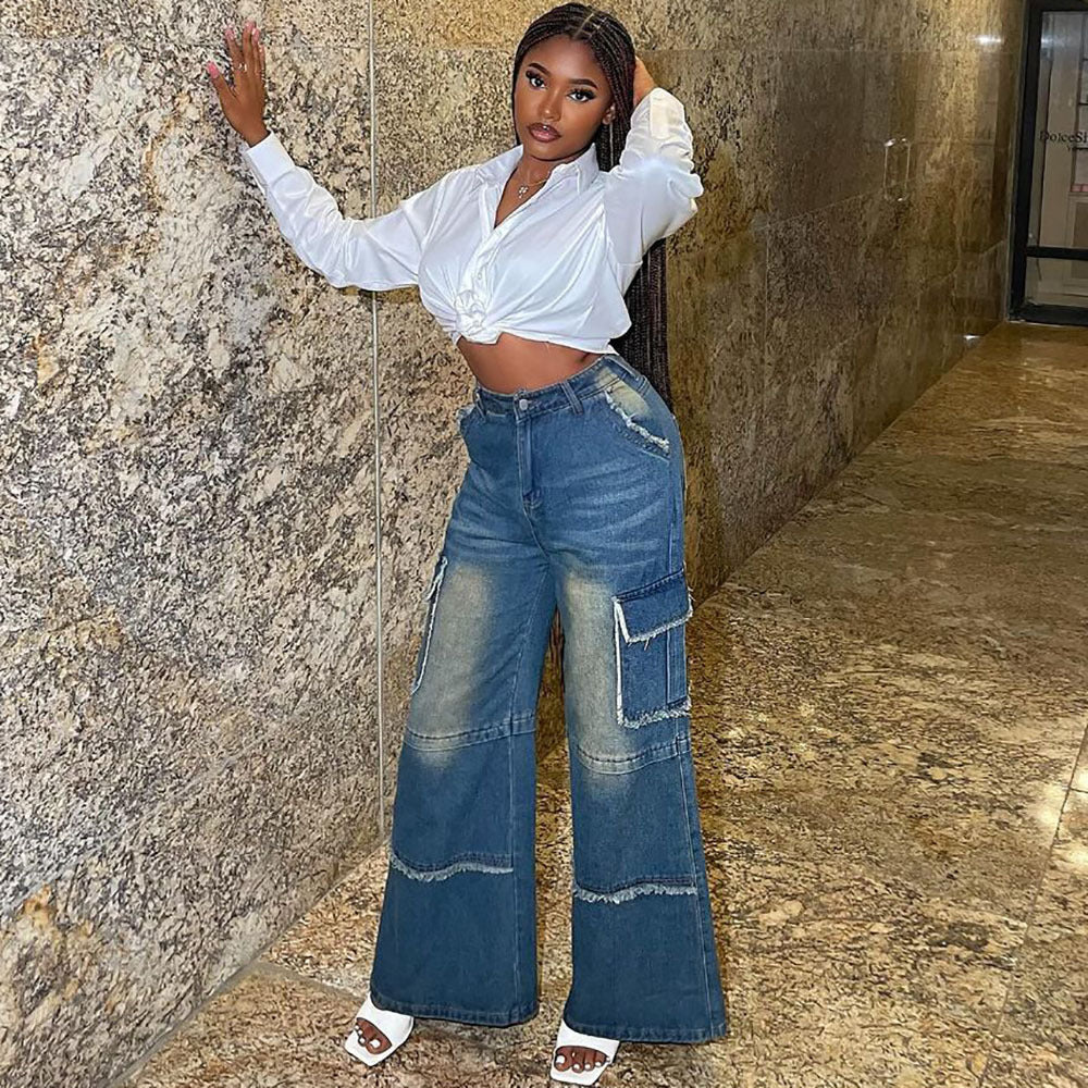 European and american style straight-leg jeans -  foreign trade women's fashion hot girl washed vintage high-waisted wide-leg pants