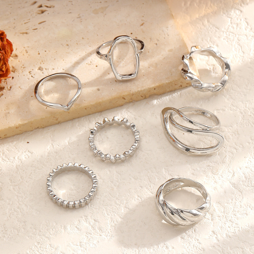 European and american cross-border design irregular metallic shiny ring 7-piece set - unique, versatile, and trendy "instagrammable" finger rings and jewelry for women