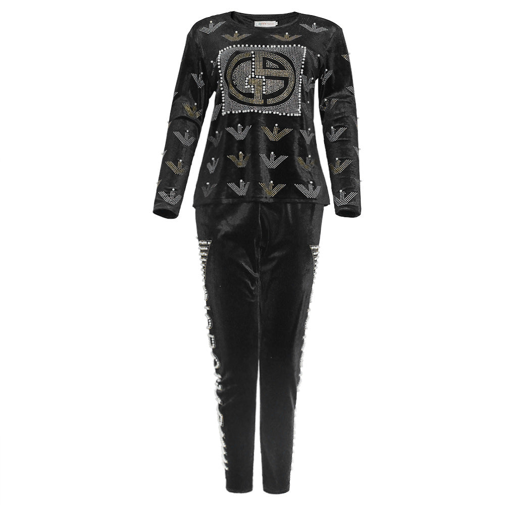new winter collection: african-inspired hotfix rhinestone & beaded letter long sleeve tee + pencil pants fashion casual two-piece set